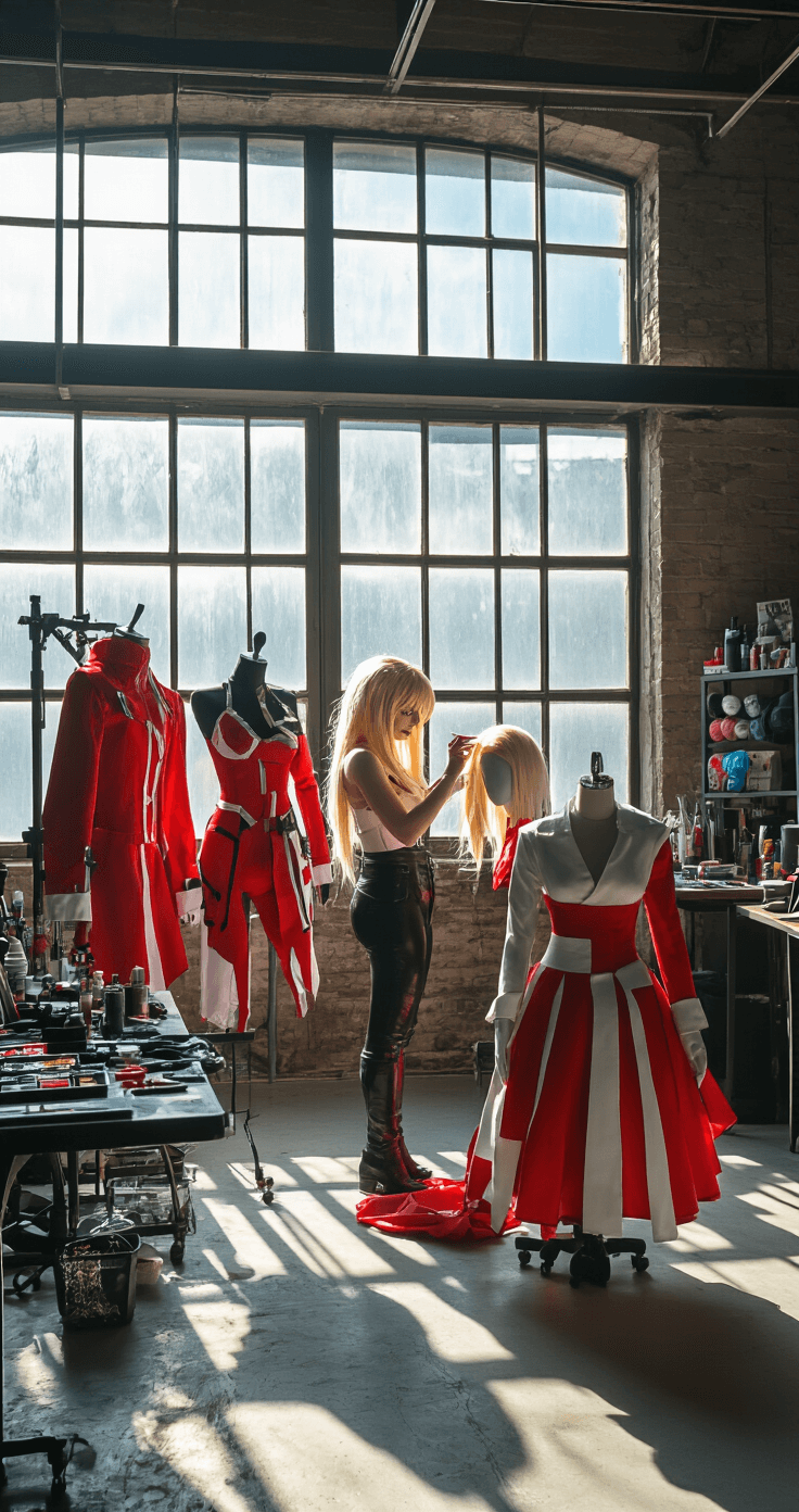 2025's Hottest Women's Cosplay Ideas: From Anime to Marvel An industrial-chic loft with dramatic shadows cast by steel-framed windows, where a cosplayer styles a platinum blonde wig for Power from Chainsaw Man. Striking red and white costume pieces are showcased on a clothing form, and a makeup station filled with special effects products and colored contacts is visible. The hard lighting emphasizes the bold contrasts and intricate details of the creative workspace, captured in a cinematic wide-angle view.