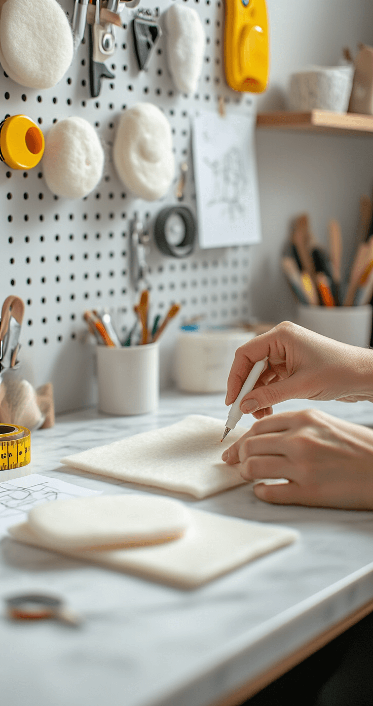 Close-up of hands working with white felt and hot glue on a clean marble workspace, surrounded by organized crafting tools and reference sketches, illuminated by soft, diffused lighting.