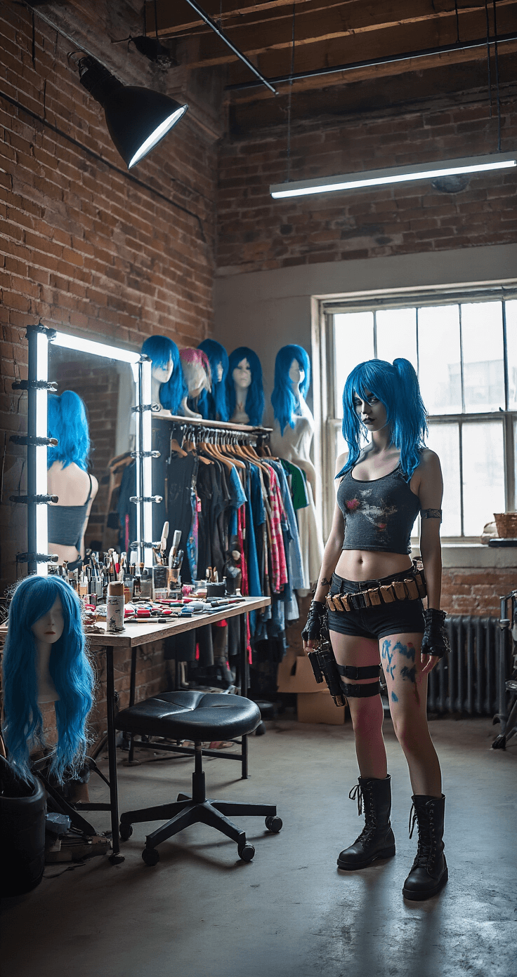 Creating the Perfect Jinx Cosplay: A Complete Guide for League of Legends Fans A spacious cosplay studio with exposed brick walls, featuring a makeup station filled with blue wigs and SFX makeup supplies, and soft ambient lighting. A clothing rack displays a Jinx costume in progress with a distressed tank top, combat boots, and bullet belts, all captured with a DSLR camera highlighting the intricate details.