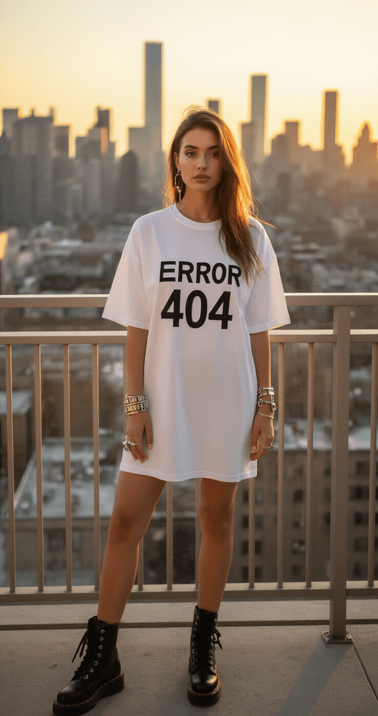 A woman models an oversized white t-shirt dress with black hand-lettering, paired with combat boots and metallic accessories, on a contemporary balcony at sunset, with a city skyline in the background. The golden hour lighting enhances her skin tone, capturing urban fashion vibes from a street-level perspective.