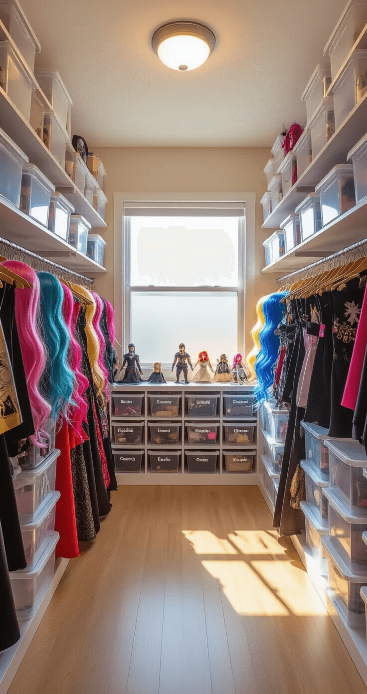 Ultimate Guide to Storing Wigs, Props, and Costumes: A Cosplayer's Dream Organization System A spacious walk-in closet transformed into a cosplay storage paradise, featuring adjustable white shelving with labeled clear bins, colorful wigs on stands, padded hangers with silk garment bags, and organized props in shoe organizers, all illuminated by warm golden hour light.