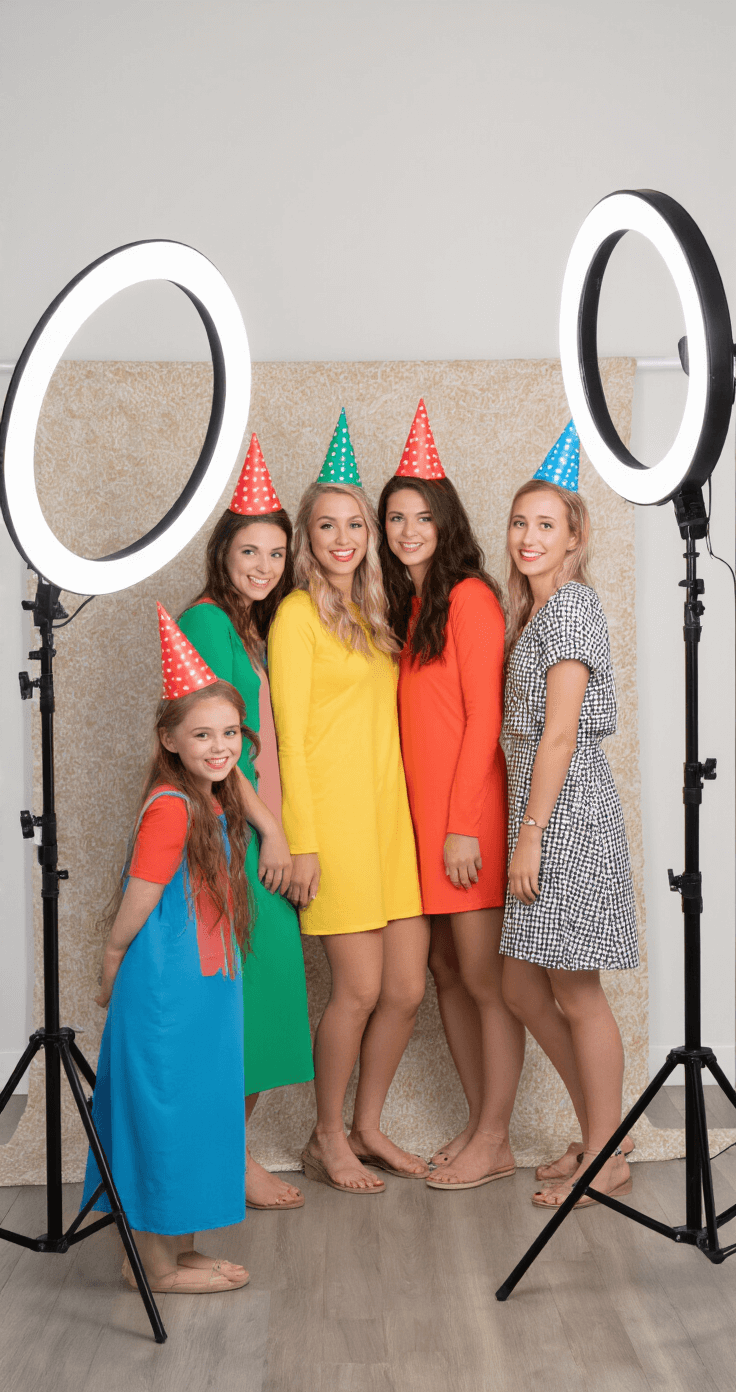 A cozy home studio with a ring light and textured backdrop featuring a group of friends in crayon costumes, wearing solid-colored midi dresses in primary colors, DIY pointed party hats, and minimal makeup. The photo is taken straight on with staggered heights, showcasing a mixed lighting setup for a yearbook-style look.
