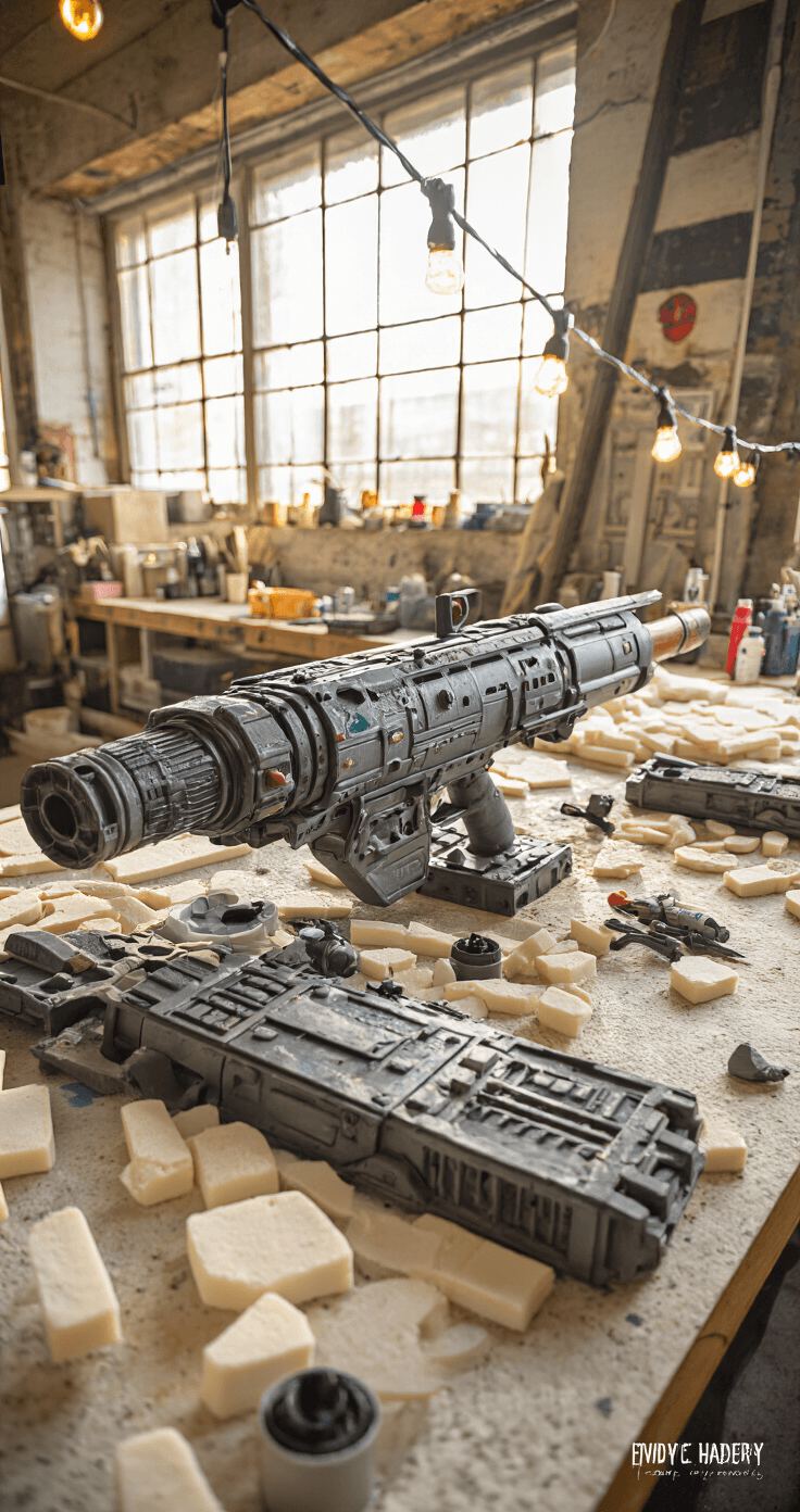 Creating the Perfect Jinx Cosplay: A Complete Guide for League of Legends Fans A sunlit workshop filled with EVA foam pieces and weathering tools, showcasing a close-up view of a partially completed Fishbones rocket launcher prop with detailed panels and battle damage, illuminated by natural light and ambient string lights, captured from a 45-degree angle.