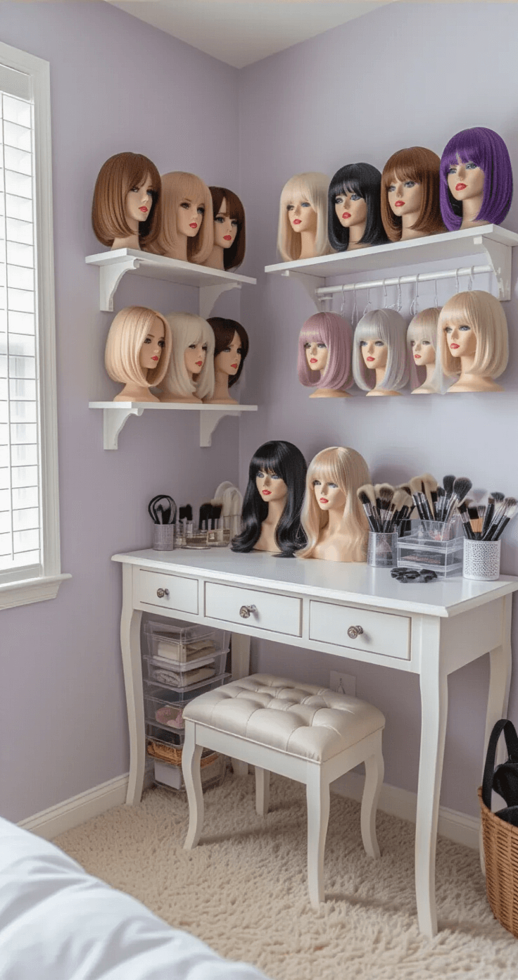 Ultimate Guide to Storing Wigs, Props, and Costumes: A Cosplayer's Dream Organization System A cozy bedroom corner featuring a vintage white vanity table with mannequin heads showcasing colorful cosplay wigs, organized character wigs on floating shelves, wig caps hanging on hooks, and styling tools in clear organizers, all under soft lavender walls and a plush cream carpet.