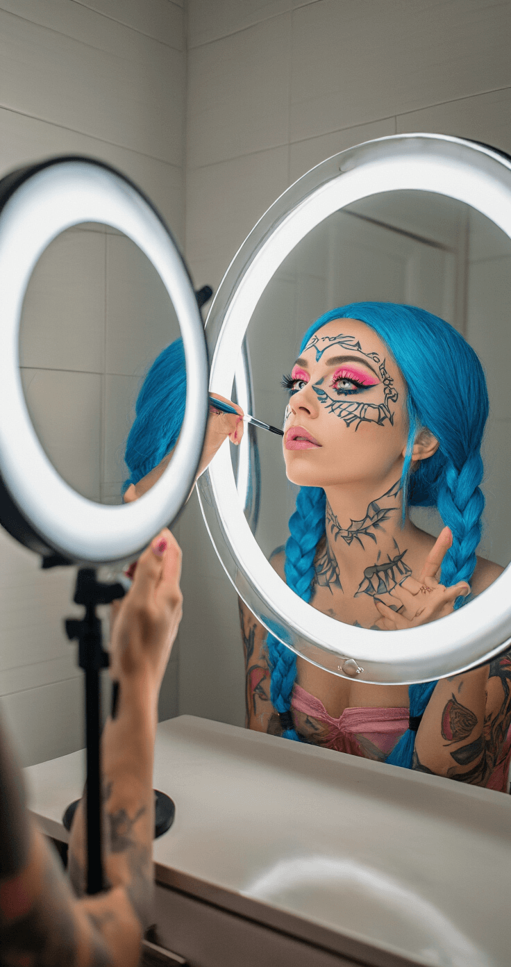 Creating the Perfect Jinx Cosplay: A Complete Guide for League of Legends Fans Model applying Jinx's face tattoos with professional body paint at a modern bathroom vanity, illuminated by a ring light; she wears a blue braided wig and pink contact lenses, with an extreme close-up on her detailed application technique against a softly blurred background.