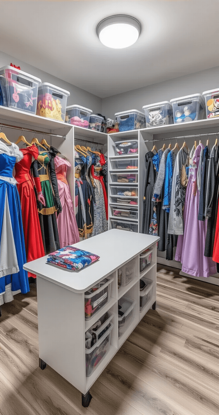 Ultimate Guide to Storing Wigs, Props, and Costumes: A Cosplayer's Dream Organization System A well-organized costume storage showroom in a bright converted room, featuring floor-to-ceiling closets displaying vibrant cosplay costumes in garment bags, labeled storage bins, and a central workspace with fabric care supplies.