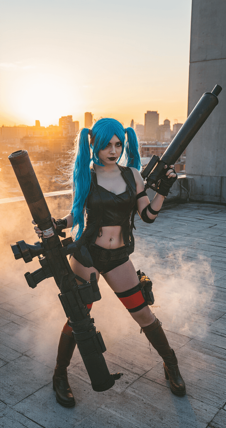 Creating the Perfect Jinx Cosplay: A Complete Guide for League of Legends Fans A model in full Jinx cosplay stands dramatically on a gritty industrial rooftop at golden hour, with blue hair illuminated by sunset highlights. She poses with completed props against a cityscape backdrop, while smoke effects create an atmospheric environment. The wide-angle shot emphasizes the scale of her weapons and the urban setting.