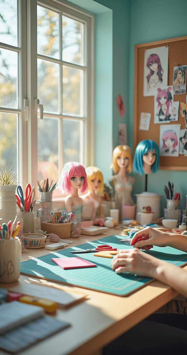 A well-lit craft room with natural morning light, featuring a neatly organized cosplay workspace with tools and materials. Close-up of hands working with colorful craft foam, surrounded by pastel walls, inspiration photos, and vibrant wigs on stands.