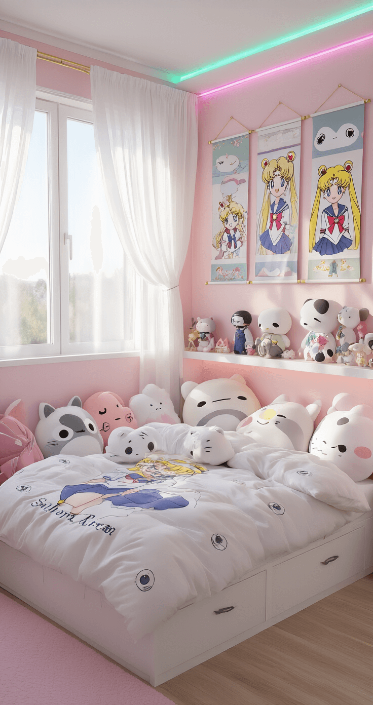 Anime Bedroom Makeover: Transform Your Space into an Otaku Paradise A dreamy kawaii-style anime bedroom featuring pastel pink and mint walls, a queen bed with a fluffy Sailor Moon duvet and totoro cushions, soft morning light through sheer curtains, and an organized figurine collection on built-in white shelving, all enhanced by RGB LED strip lighting.