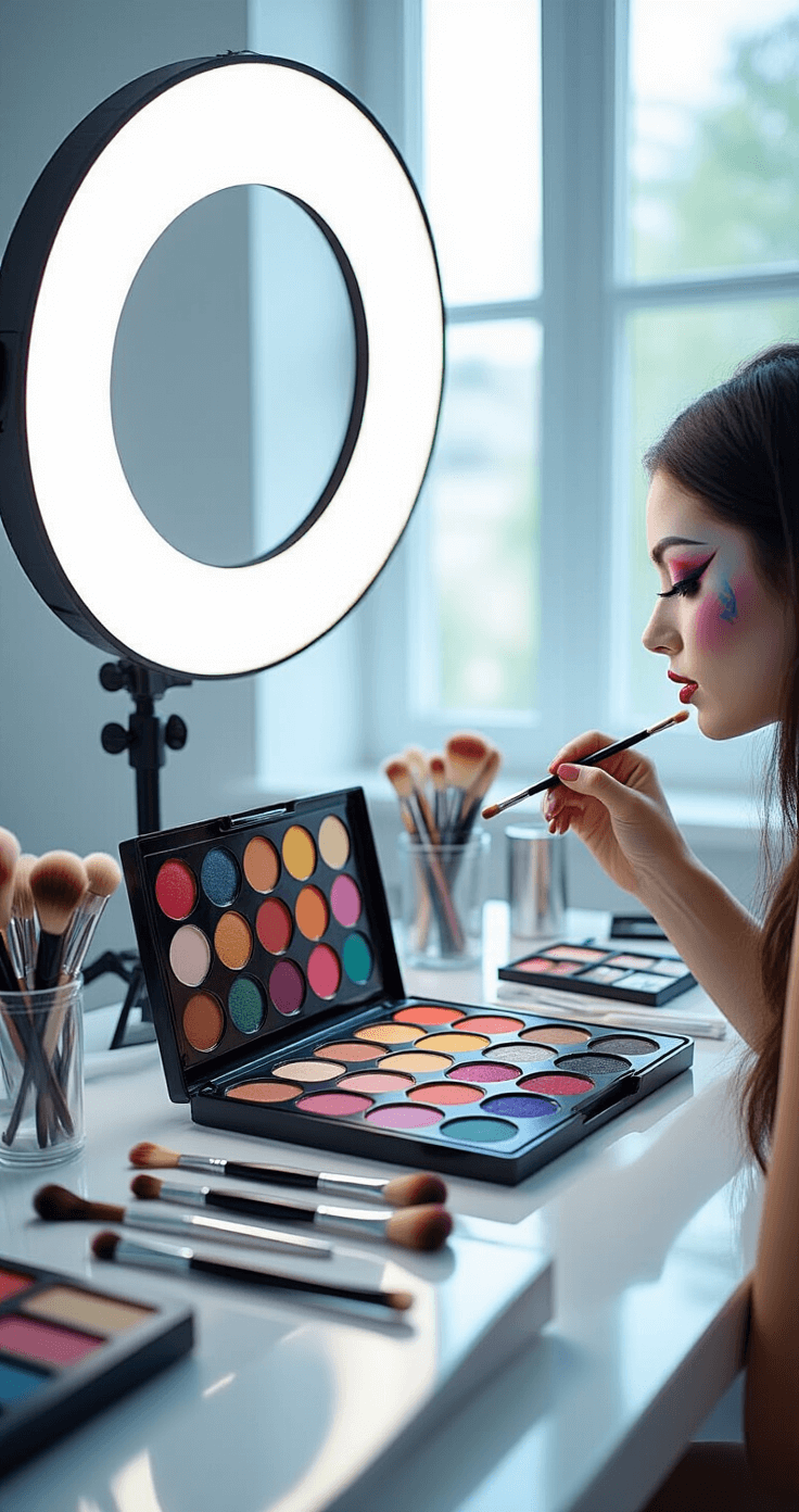 The Ultimate Guide to Cosplay Makeup: From Basics to Pro Techniques A professional makeup station featuring a neatly organized Mehron Paradise Face Paint Palette and brushes, with a model applying anime-style makeup under a large ring light, showcasing vibrant colors and metallic tools in a bright, airy studio setting.