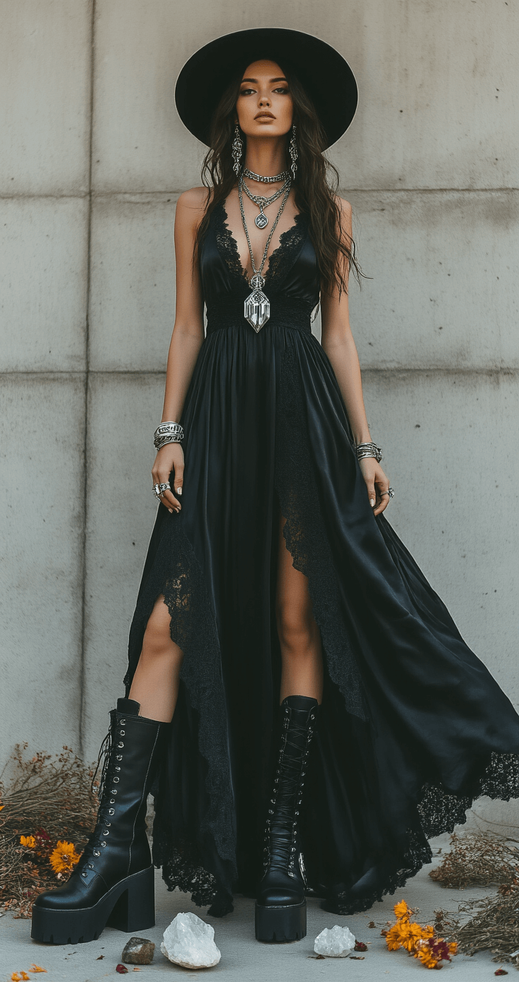Moody studio photo of a tall model in a modern witch costume, wearing a flowing black silk maxi dress with lace details, chunky black platform boots, and silver jewelry, posed against a concrete wall with dramatic evening light, featuring a wide-brimmed black hat and surrounded by scattered dried flowers and crystals.