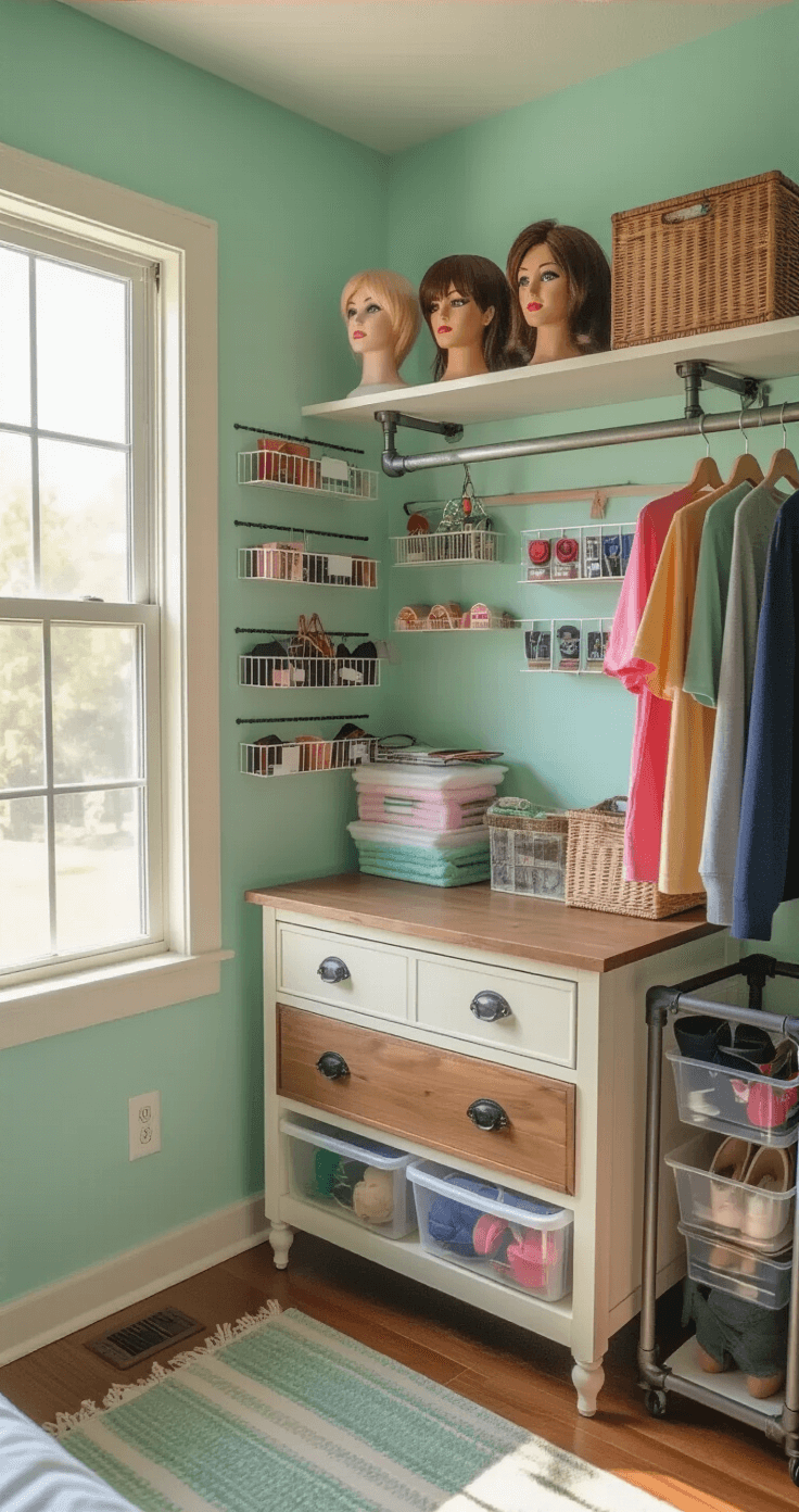Ultimate Guide to Storing Wigs, Props, and Costumes: A Cosplayer's Dream Organization System A cozy budget-friendly bedroom corner transformed into a cosplay organization zone, featuring a vintage dresser with DIY wig storage, wall-mounted shoe organizers for props, a clothing rack made from industrial pipes, and stacked vacuum bags for costumes, all in a pastel color scheme with mint green walls and labeled organization systems.
