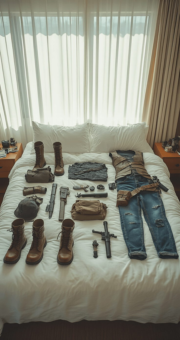 Creating the Perfect Jinx Cosplay: A Complete Guide for League of Legends Fans A bright hotel room featuring a flat-lay arrangement of costume pieces on white bedding, including combat boots, distressed clothing, accessories, and prop weapons, illuminated by morning light filtering through sheer curtains.
