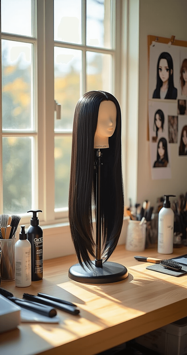 The Ultimate Guide to Black Hair Cosplay: From Beginner to Pro A bright and airy cosplay workspace illuminated by morning light, featuring a wig head stand with a black wig mid-styling, surrounded by neatly arranged styling tools and a mood board with Nezuko reference photos.