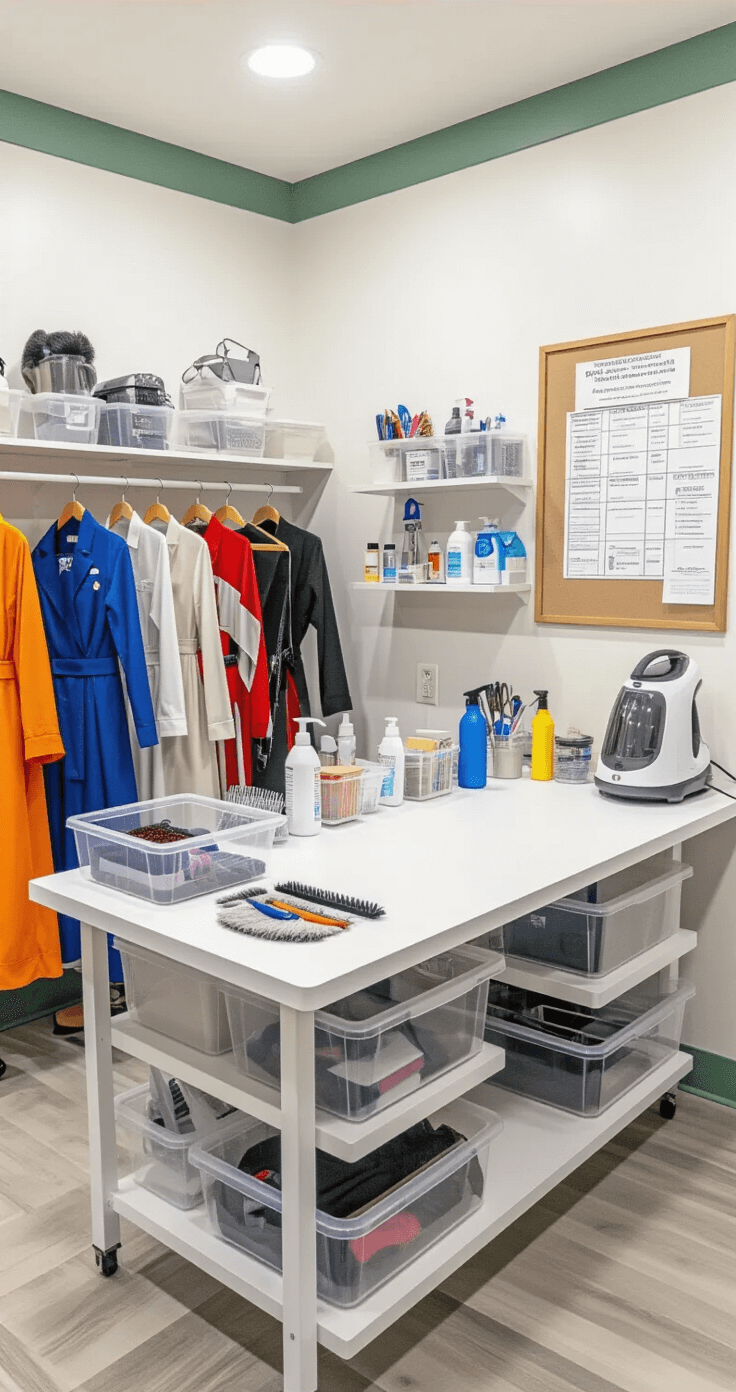 Ultimate Guide to Storing Wigs, Props, and Costumes: A Cosplayer's Dream Organization System A well-organized cosplay maintenance station featuring a large white work table with cleaning supplies, wig brushes, and repair tools, illuminated by bright task lighting. Floating shelves display aired-out costumes, while a bulletin board lists a monthly maintenance checklist. The room has crisp white walls with sage green accents and an easy-clean laminate floor.