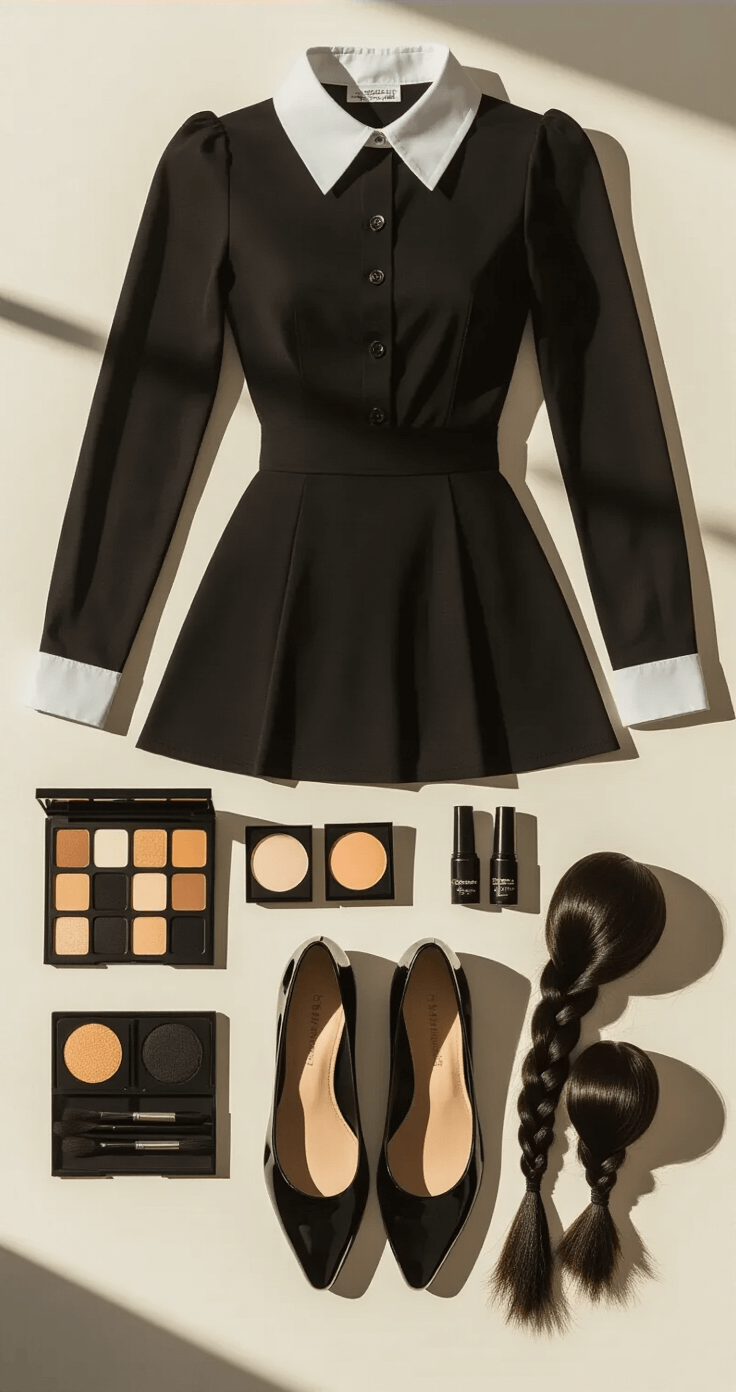 The Ultimate Guide to Black Hair Cosplay: From Beginner to Pro Flat-lay image of a meticulously arranged costume setup for Wednesday Addams in a modern studio apartment during golden hour, featuring a perfectly pressed black dress, polished black shoes, a crisp white collar, a braided black wig, and makeup essentials including pale foundation and dark lipstick, all under soft, warm lighting.