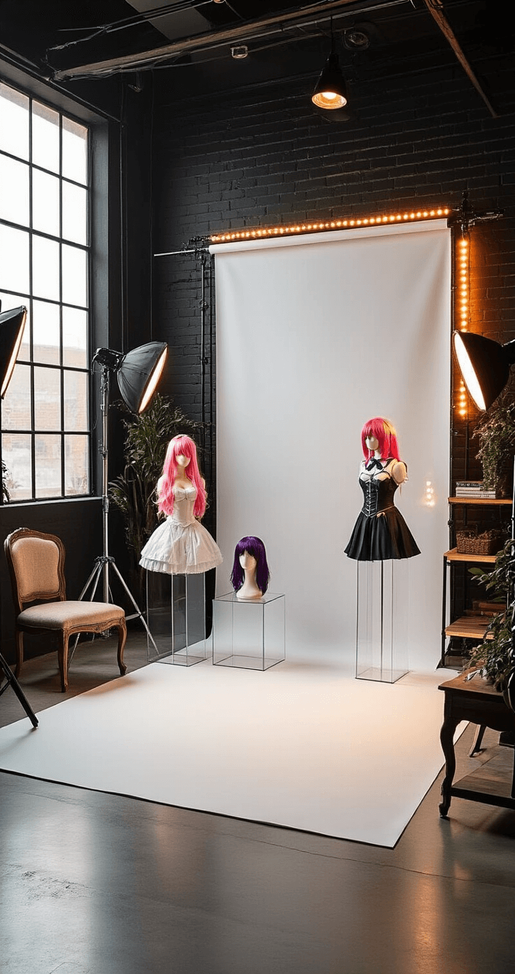 Ultimate Guide to Storing Wigs, Props, and Costumes: A Cosplayer's Dream Organization System Photography setup for showcasing cosplay collections during golden hour, featuring a seamless white backdrop, professional lighting, acrylic stands, and wigs on mannequin heads, complemented by a polished concrete floor and matte black exposed brick wall, with color-coordinated storage and ambient LED lighting.