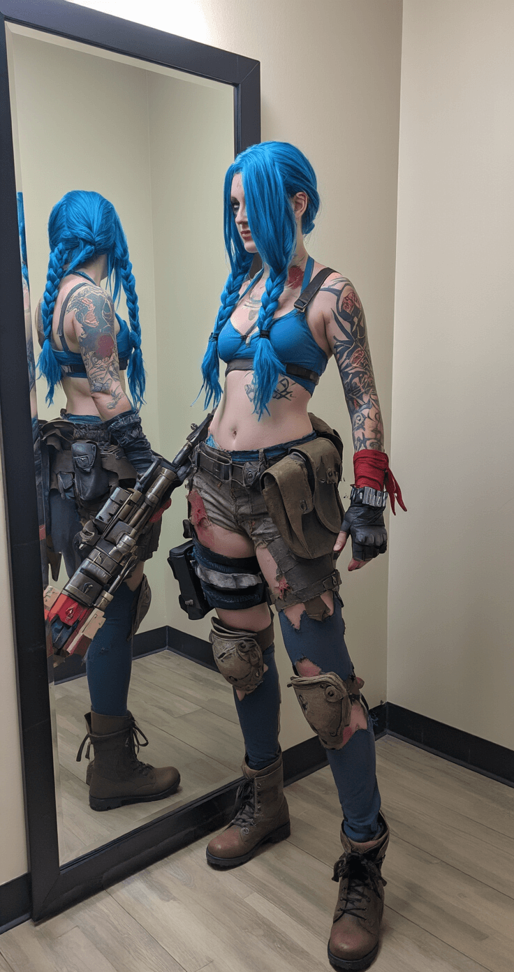 Creating the Perfect Jinx Cosplay: A Complete Guide for League of Legends Fans A young woman stands in a cosplay dressing room, fully transformed into Jinx with blue braids and intricate tattoos. Her distressed costume and battle-worn props are displayed prominently. Dramatic side lighting highlights the details of her outfit, while soft fill lighting preserves shadow details. The image captures both her direct view and reflection in the full-length mirror at a slight angle.