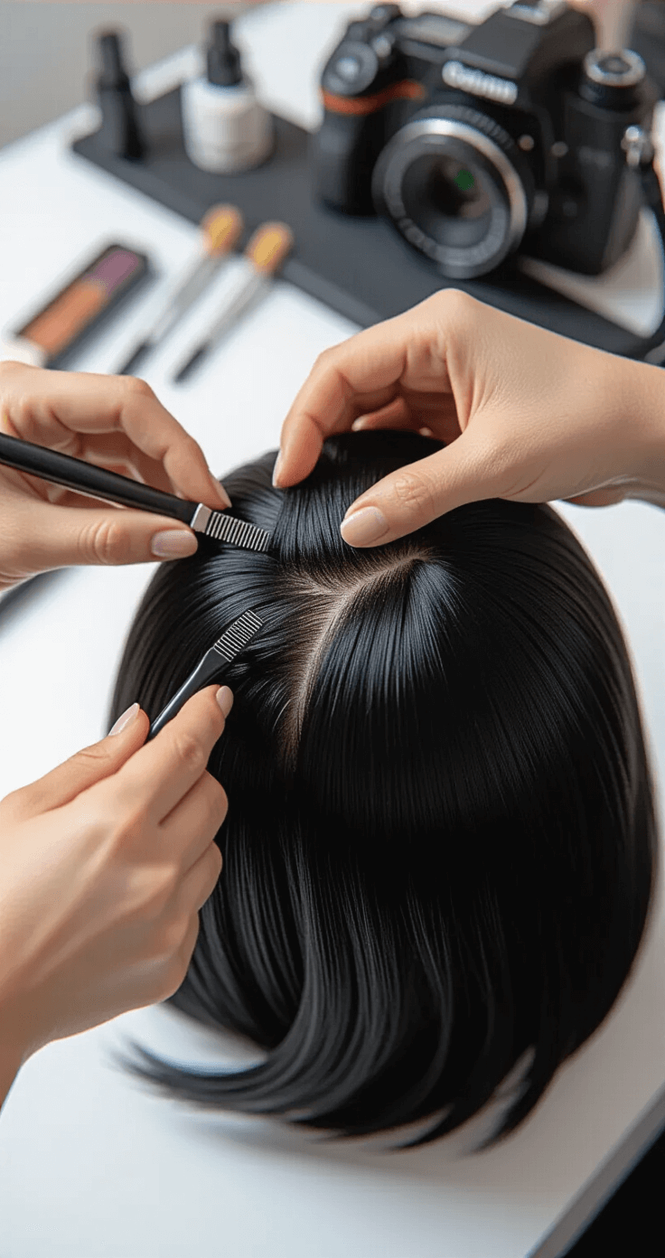 The Ultimate Guide to Black Hair Cosplay: From Beginner to Pro Close-up of hands styling a black wig for Sailor Mars with sectioning clips, surrounded by tools and reference materials in bright studio lighting.