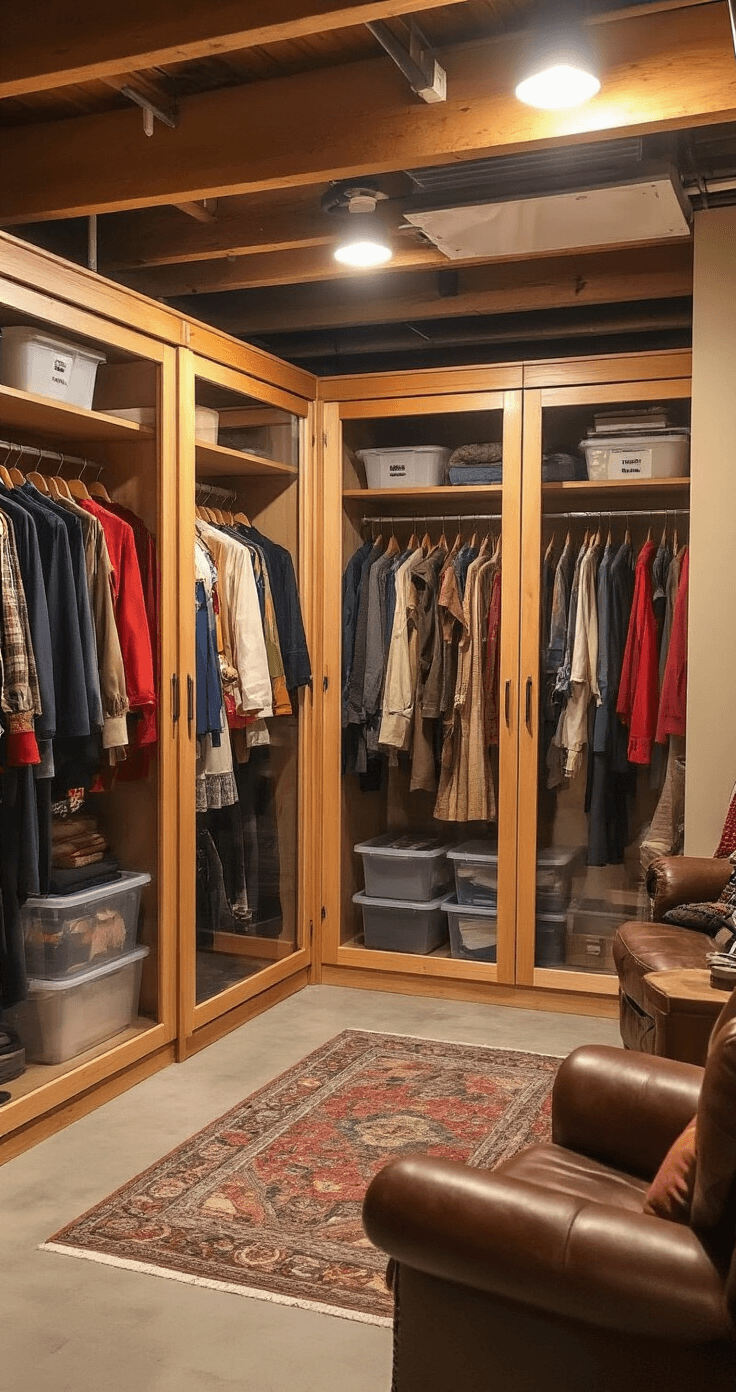 Ultimate Guide to Storing Wigs, Props, and Costumes: A Cosplayer's Dream Organization System A cozy cosplay archive in a winter basement featuring cedar closets with glass doors showcasing seasonal costumes, warm lighting, exposed white beams, and a vintage leather chair for planning.