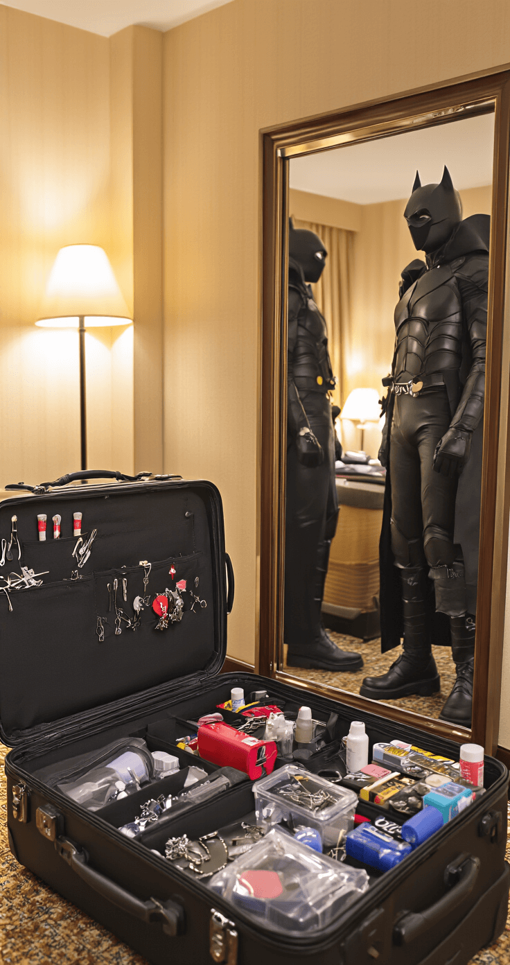 The Ultimate Guide to Black Hair Cosplay: From Beginner to Pro A hotel room bathed in warm lighting showcases a completed Sebastian cosplay in a full-length mirror. In the foreground, an emergency kit is being packed with styling supplies, safety pins, and touch-up makeup, while an organized suitcase holds black costume pieces and props, capturing the final look and preparation process.