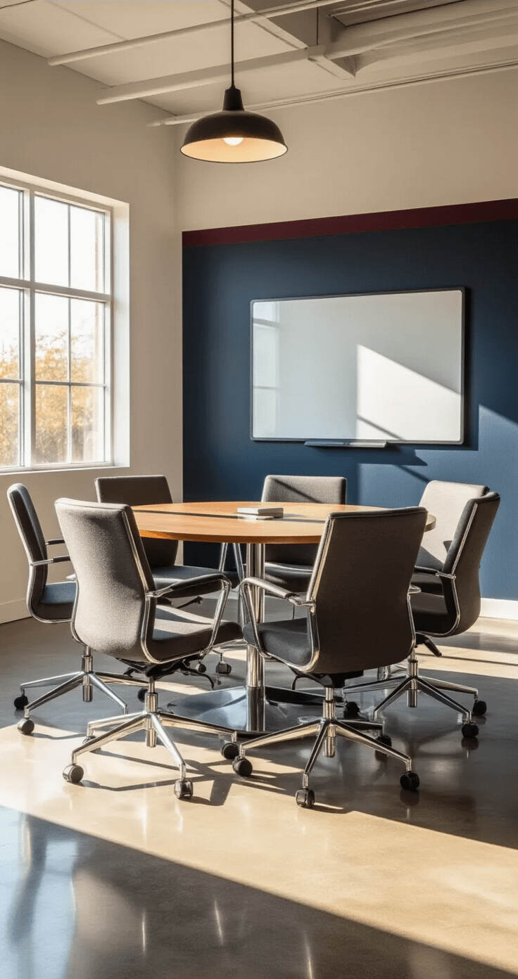 A modern mini conference room featuring a round tempered glass table surrounded by six ergonomic chairs, a deep navy accent wall with an interactive whiteboard, polished concrete floors, and burgundy acoustic panels, illuminated by warm golden hour light from a west-facing window.