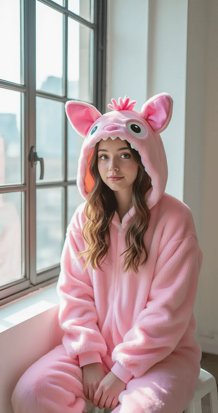 Hilarious Halloween Costumes That'll Make You The Life of Every 2025 Party A young woman in a playful pink Labubu monster costume poses against a white backdrop, illuminated by soft natural light. Her pastel pink plush outfit features oversized ears and cute monster details, highlighting the texture of the fabric. The image is captured from a three-quarter angle with professional lighting.