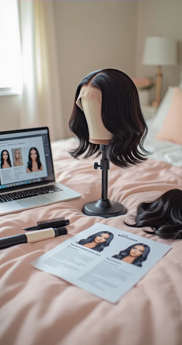 The Ultimate Guide to Black Hair Cosplay: From Beginner to Pro A cozy bedroom scene at dawn featuring a beginner styling a black wig on a stand. An open wig styling kit, tutorial printouts, and a laptop with videos are on a pastel bedspread, surrounded by essential tools, all illuminated by soft, diffused lighting.