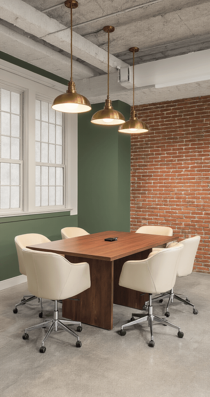 Compact meeting space with a walnut conference table and cream leather swivel chairs, featuring a green brick accent wall, pendant lighting, and a projector, all highlighting the blend of industrial and soft materials.