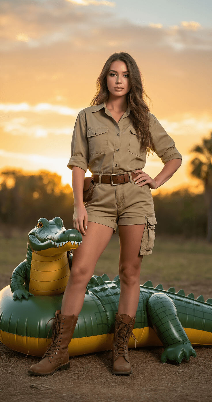 Hilarious Halloween Costumes That'll Make You The Life of Every 2025 Party A female model in a khaki shirt and cargo shorts poses confidently next to an inflatable alligator prop, set against a nature center backdrop during the golden hour, with warm sunset lighting illuminating earthy tones.