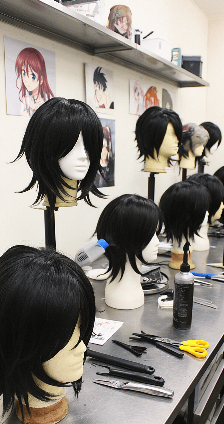 The Ultimate Guide to Black Hair Cosplay: From Beginner to Pro A professional cosplay workshop in late afternoon light, showcasing wig heads styled at various levels, organized tools on steel surfaces, and character reference images on the walls, all illuminated by sharp industrial lighting.