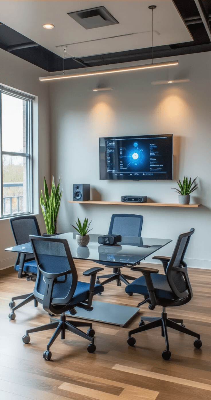 A modern mini convention room with a glass-top conference table, ergonomic blue chairs, and an interactive display, featuring light gray walls, polished hardwood floors, and potted snake plants, all captured in balanced afternoon lighting.