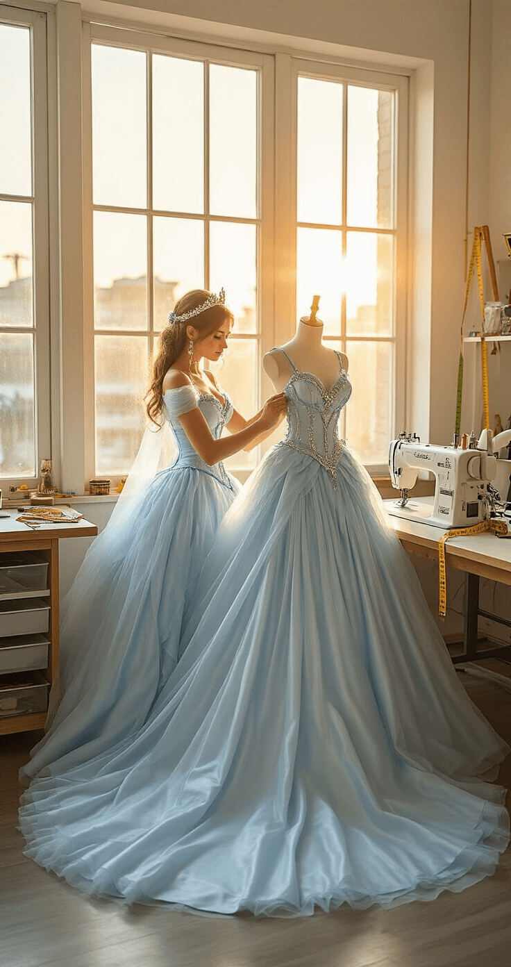 The Ultimate Guide to Cosplay Dresses: From Fabric Choices to Stunning Results A cosplayer fitting an ice blue princess-style dress with crystal beading on a mannequin in a well-lit photography studio during golden hour, surrounded by crafting supplies and a sewing machine.