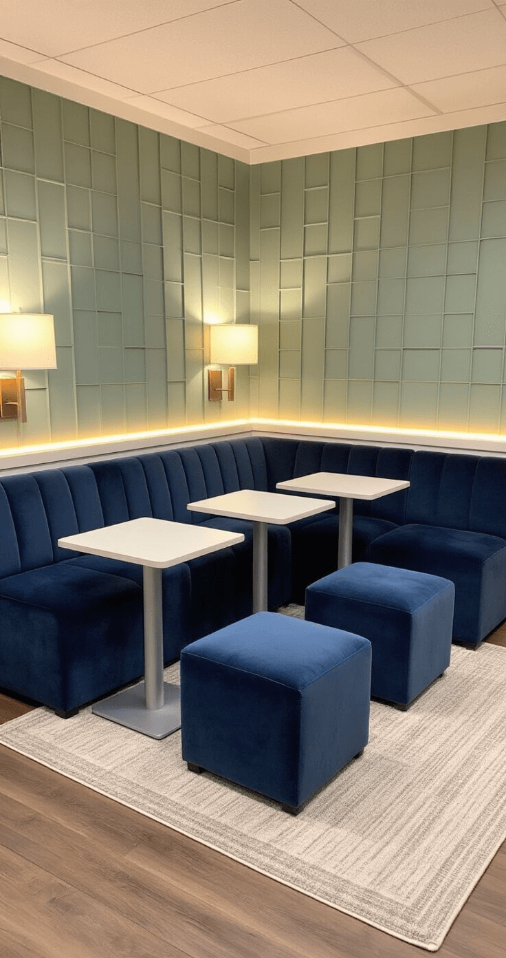 Flexible seating arrangement in a compact mini meeting room with modular navy velvet ottomans, lightweight aluminum side tables, soft sage green geometric wallpaper, and a cream and gray natural fiber area rug, featuring warm evening lighting and clear walking paths.