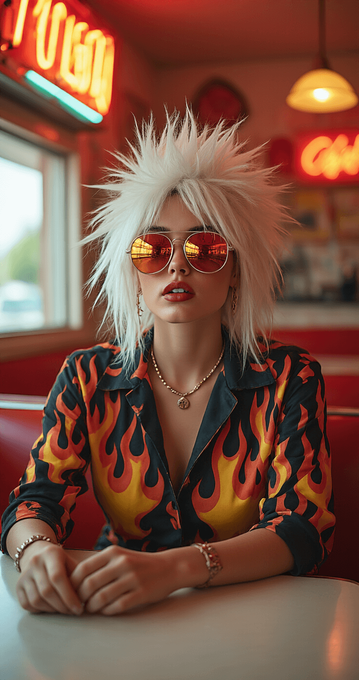 Hilarious Halloween Costumes That'll Make You The Life of Every 2025 Party A model dressed in a Guy Fieri-inspired costume, featuring a spiked white wig, oversized sunglasses, and a flame-patterned shirt, interacts with diner props in a retro diner setting illuminated by colorful neon signs. The candid shot captures the vibrant ambiance and playful theme, taken with a Sony A7III using a 35mm f/1.4 lens.