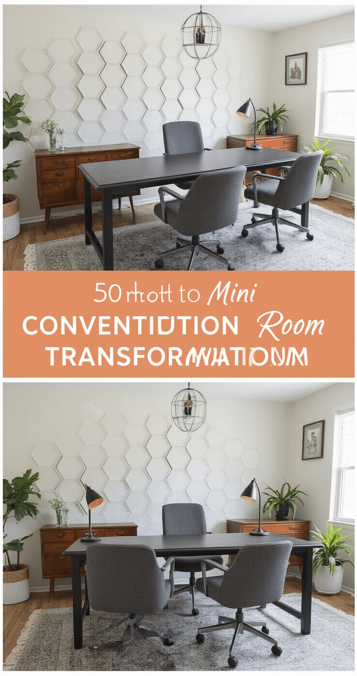 A transformed budget-conscious mini convention room featuring a refinished vintage ebony conference table surrounded by mismatched reupholstered gray office chairs, DIY hexagonal acoustic panels, and removable peel-and-stick wallpaper, all bathed in natural morning light and accented by practical desk lamps in a warm, inviting atmosphere.
