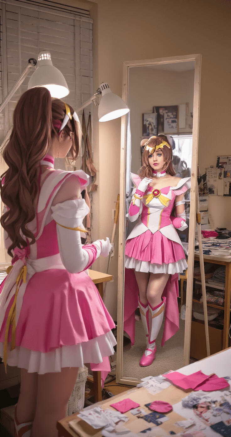 The Ultimate Guide to Cosplay Dresses: From Fabric Choices to Stunning Results A cozy sewing studio in the evening with warm desk lamp lighting, featuring a cosplayer in a half-finished pink and white magical girl costume, examining her reflection in a full-length mirror. Organized fabric swatches, trim samples, and pattern pieces are visible on a nearby cutting table, highlighting the creative process.