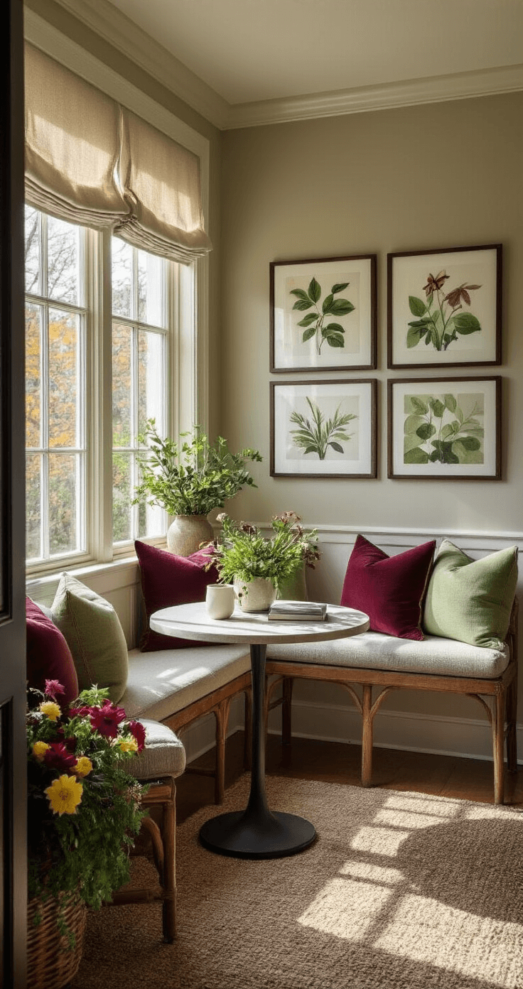 Wide shot of a mini meeting space showcasing an adaptable design, featuring a window bench adorned with spring sage green throw pillows, a rotating gallery wall with seasonal artwork in matching frames, and fresh plant arrangements with seasonal blooms. Sheer window treatments allow late afternoon light to cast soft shadows, highlighting the blend of consistent core furniture and flexible decor elements.