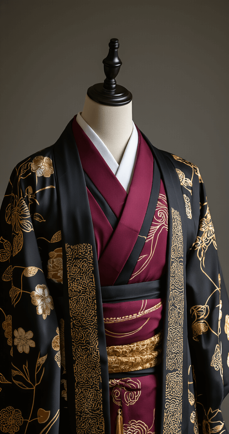 Sukuna Cosplay: Transform Into Jujutsu Kaisen's King of Curses (Complete 2024) Close-up of a Sukuna cosplay kimono on a mannequin, highlighting intricate patterns and rich fabric textures in deep burgundy and black with golden accents, captured in soft, diffused lighting.
