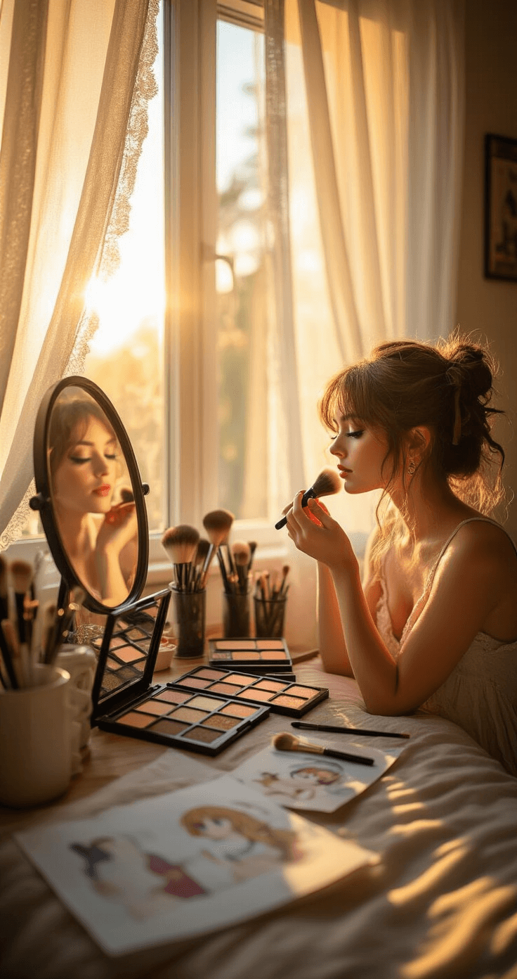 The Ultimate Guide to Cosplay Makeup: From Basics to Pro Techniques A warm-toned cozy bedroom corner features a young cosplayer applying Ben Nye setting powder in natural sunlight. The mirror reflects organized NYX eyeshadow palettes and character sketches, creating an intimate documentary-style atmosphere.