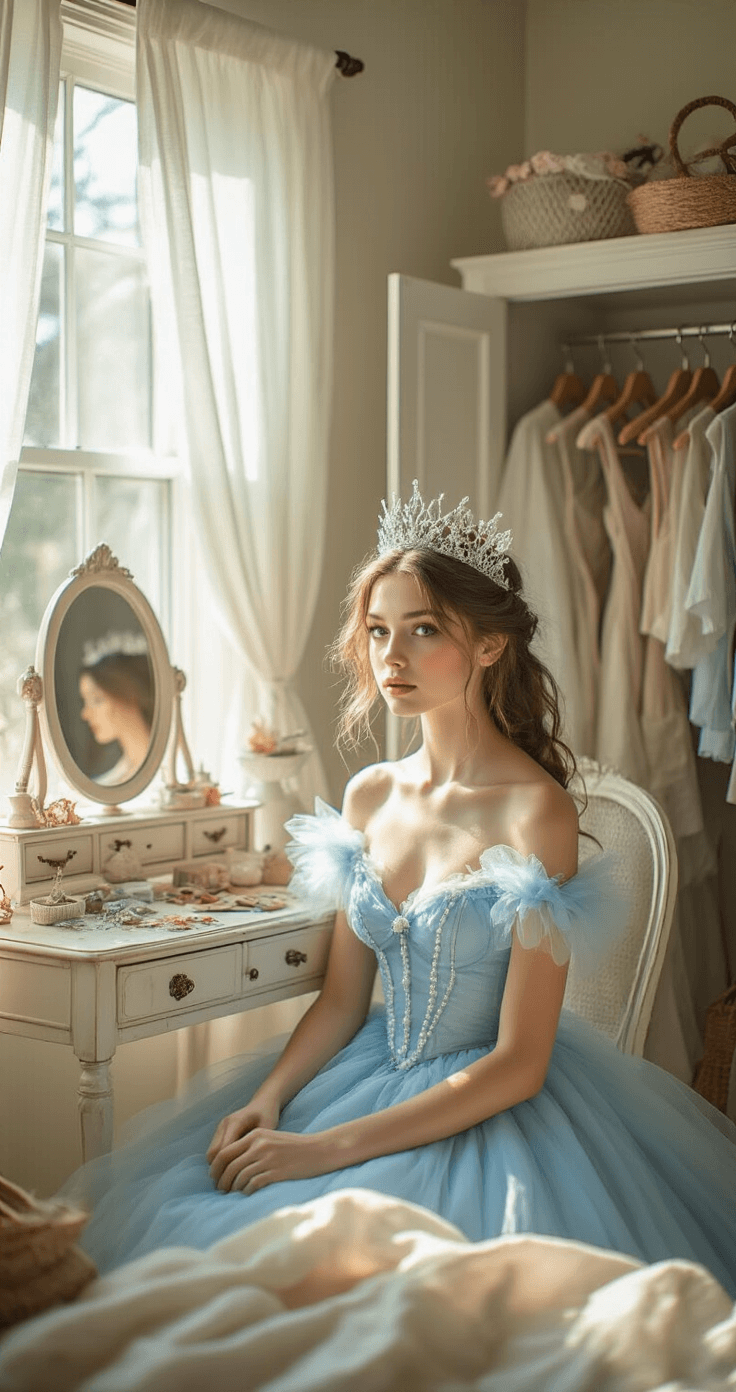 A sunlit bedroom featuring a model in a modified blue dress with tulle and pearls, sitting at a vintage vanity. A handmade crown of twisted wire and crystals adorns her loose waves. An open closet displays fabric swatches and craft supplies, reflecting a DIY costume creation process.