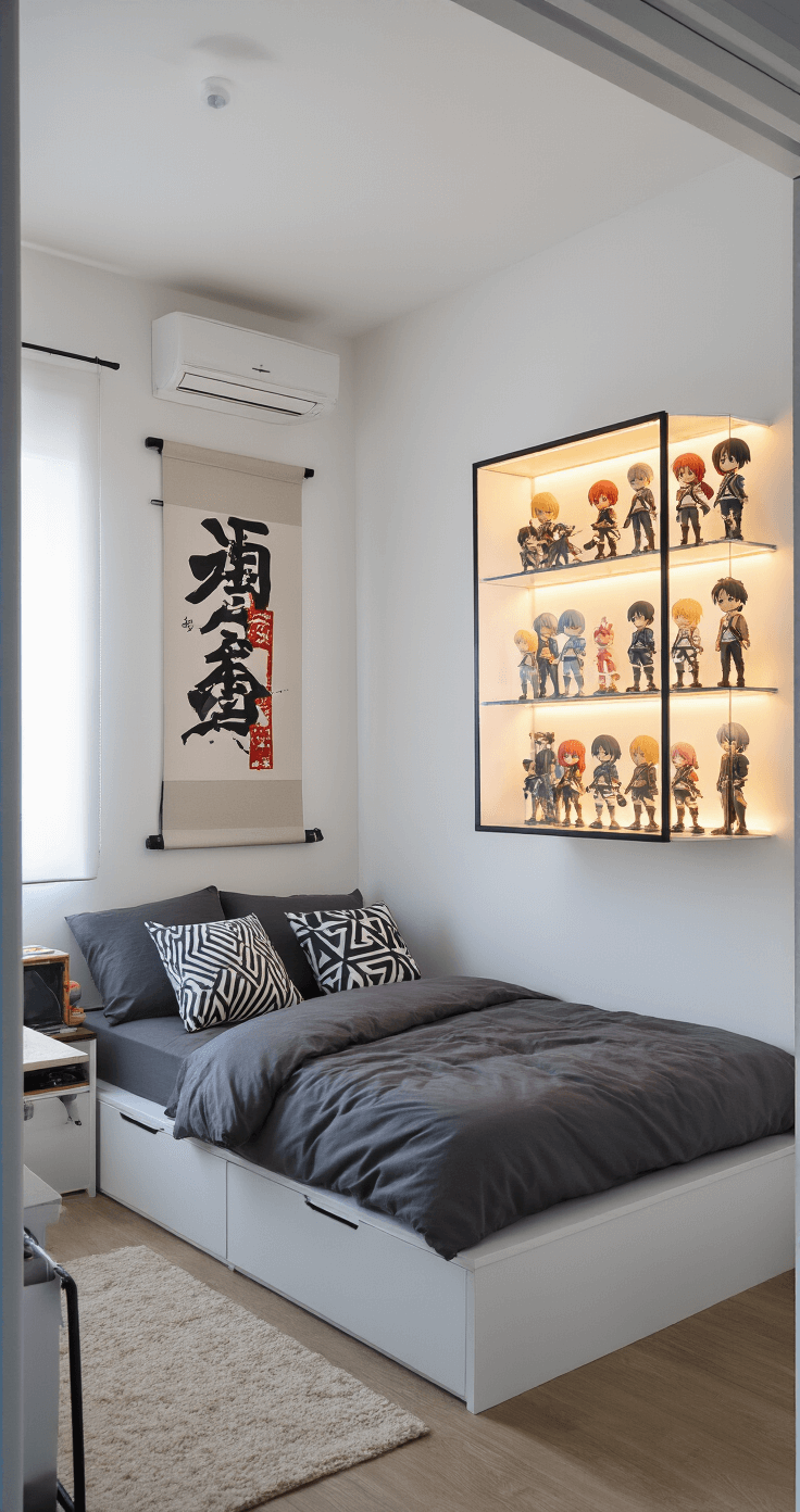 Anime Bedroom Makeover: Transform Your Space into an Otaku Paradise A minimalist otaku haven in a 10x12ft space during golden hour, featuring clean white walls, a dramatic Attack on Titan wall scroll, a platform bed with charcoal grey linens and geometric throw pillows, and a modern glass display case showcasing a curated figurine collection, all with hidden wire management and balanced lighting for a cinematic effect.