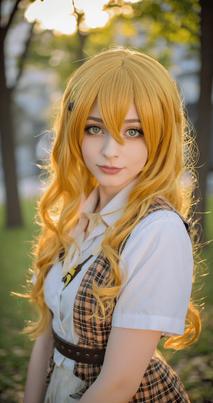 A confident young cosplayer stands in a heroic pose during golden hour in an urban park, wearing a creatively modified casual outfit with thrifted pieces and handmade accessories. Natural sunlight highlights their wig and makeup, while soft-focused trees and architecture provide a warm, inviting background.