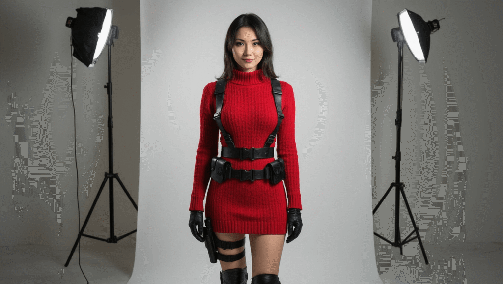 A confident woman in a crimson red sweater dress with a black tactical harness, gloves, and leg holsters, posed against a clean white background, showcasing rich fabric textures and sleek accessories.