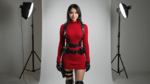 A confident woman in a crimson red sweater dress with a black tactical harness, gloves, and leg holsters, posed against a clean white background, showcasing rich fabric textures and sleek accessories.