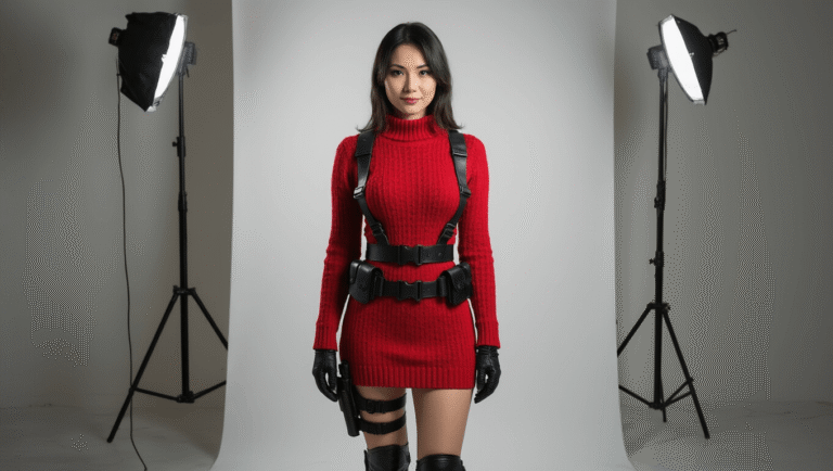 A confident woman in a crimson red sweater dress with a black tactical harness, gloves, and leg holsters, posed against a clean white background, showcasing rich fabric textures and sleek accessories.