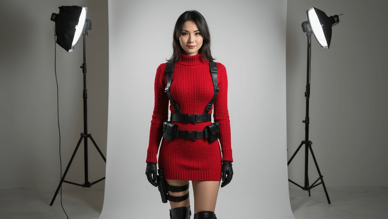 A confident woman in a crimson red sweater dress with a black tactical harness, gloves, and leg holsters, posed against a clean white background, showcasing rich fabric textures and sleek accessories.