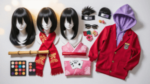 Flat lay of black-haired anime cosplay essentials including black wigs, colorful costume pieces, signature accessories, and makeup palettes on a clean white background with soft golden lighting.