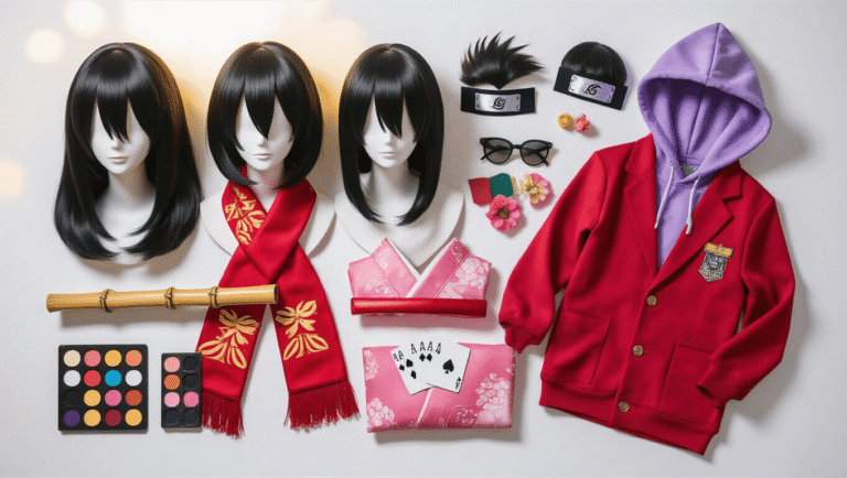 Flat lay of black-haired anime cosplay essentials including black wigs, colorful costume pieces, signature accessories, and makeup palettes on a clean white background with soft golden lighting.