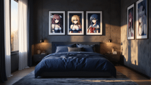A modern bedroom with a sophisticated gallery wall of anime cosplay prints in black frames, featuring a platform bed with deep navy bedding, warm natural light filtering through sheer curtains, creating dramatic shadows and a cozy atmosphere.